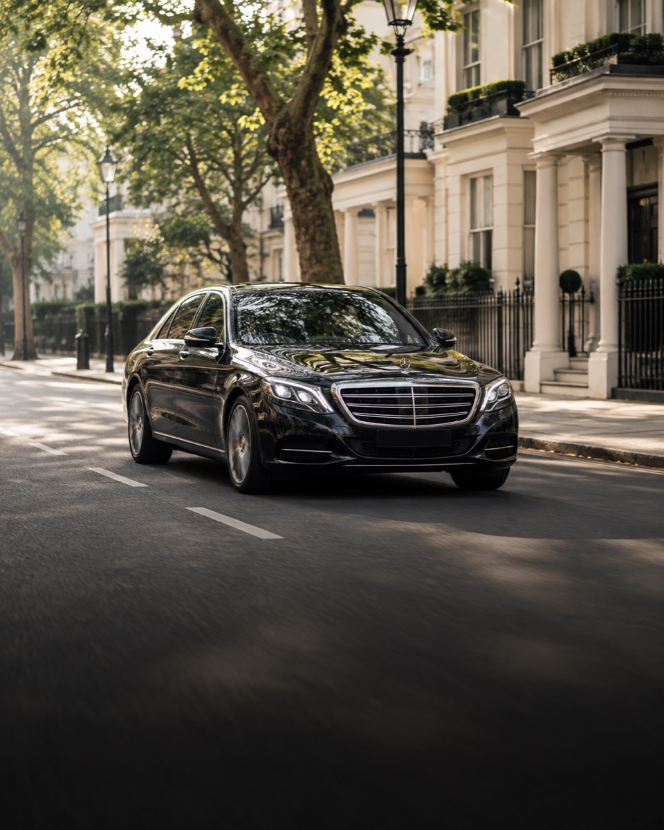 A black executive saloon on a leafy London street